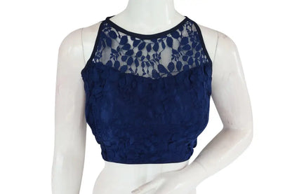 Navy Blue Color Designer Floral Embossed Net Sleeveless Readymade saree blouse, Indian saree Readymade blouse - D3blouses