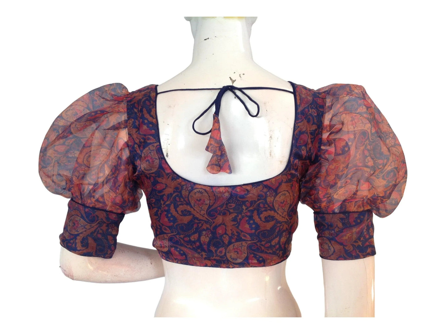 Navy blue Color Designer Organza Balloon Sleeves Readymade Saree Blouse - D3blouses