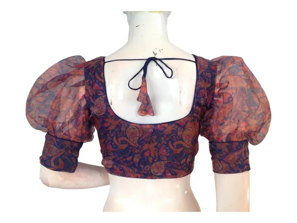 Navy blue Color Designer Organza Balloon Sleeves Readymade Saree Blouse - D3blouses