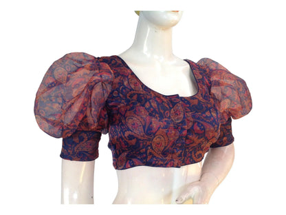 Navy blue Color Designer Organza Balloon Sleeves Readymade Saree Blouse - D3blouses