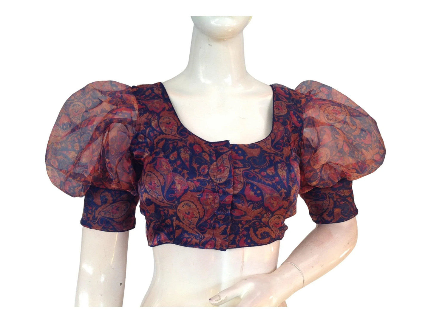 Navy blue Color Designer Organza Balloon Sleeves Readymade Saree Blouse - D3blouses