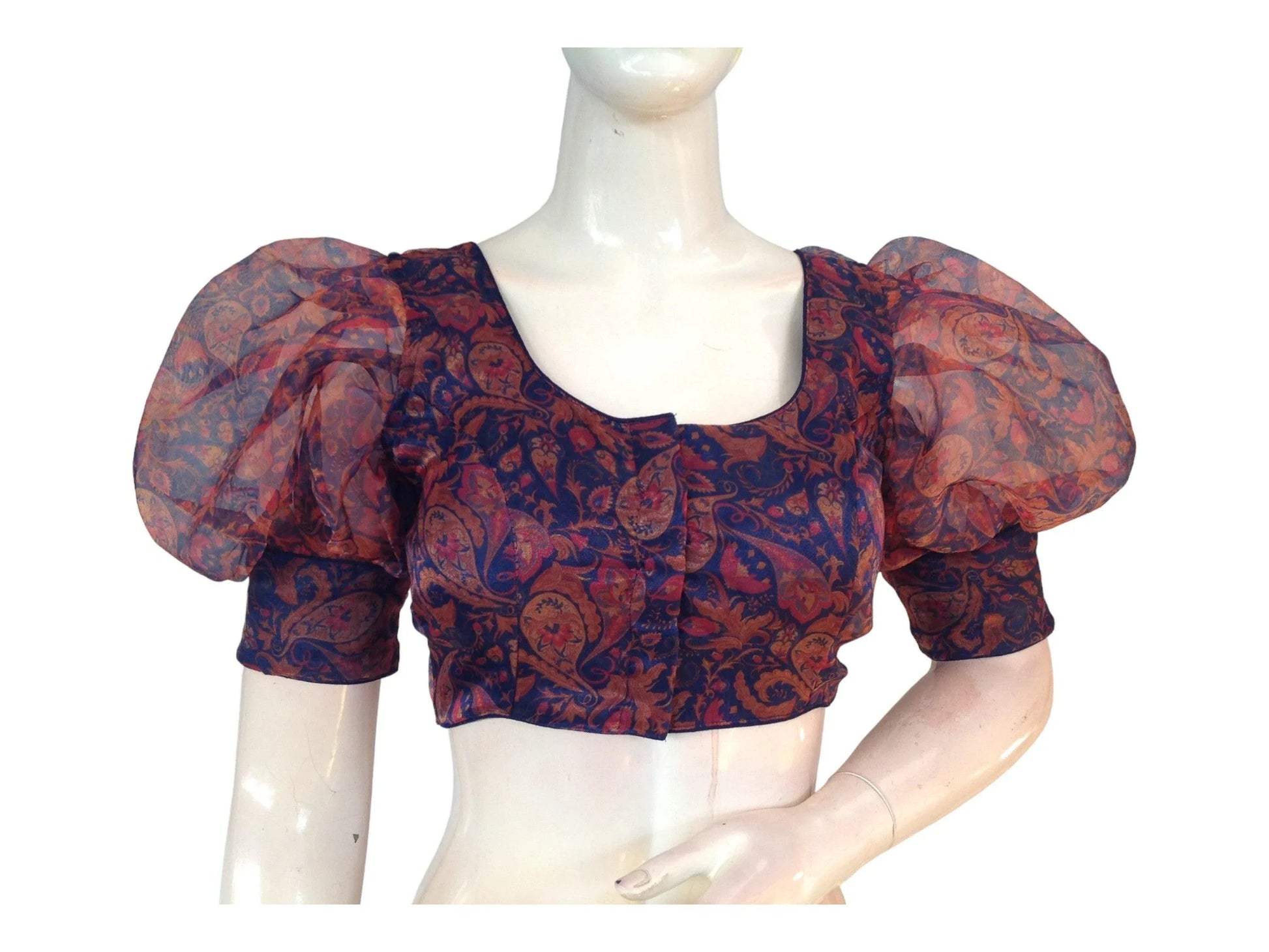 Navy blue Color Designer Organza Balloon Sleeves Readymade Saree Blouse - D3blouses