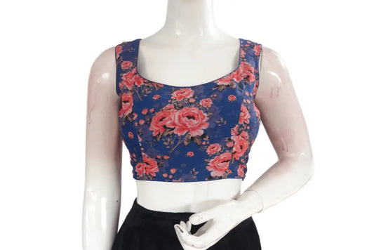 Navy Blue Color Designer Organza Sleeveless Readymade Saree Blouse With Tassels - D3blouses