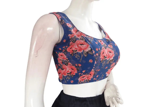 Navy Blue Color Designer Organza Sleeveless Readymade Saree Blouse With Tassels - D3blouses