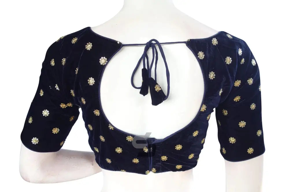 Navy Blue Color Designer Velvet Sequin Readymade Saree Blouse - D3blouses