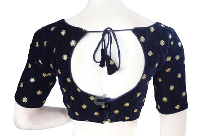 Navy Blue Color Designer Velvet Sequin Readymade Saree Blouse - D3blouses