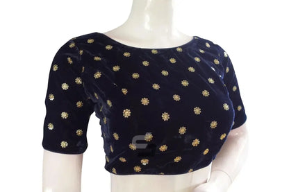 Navy Blue Color Designer Velvet Sequin Readymade Saree Blouse - D3blouses