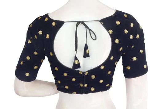 Navy Blue Color Designer Velvet Sequin Readymade Saree Blouse - D3blouses