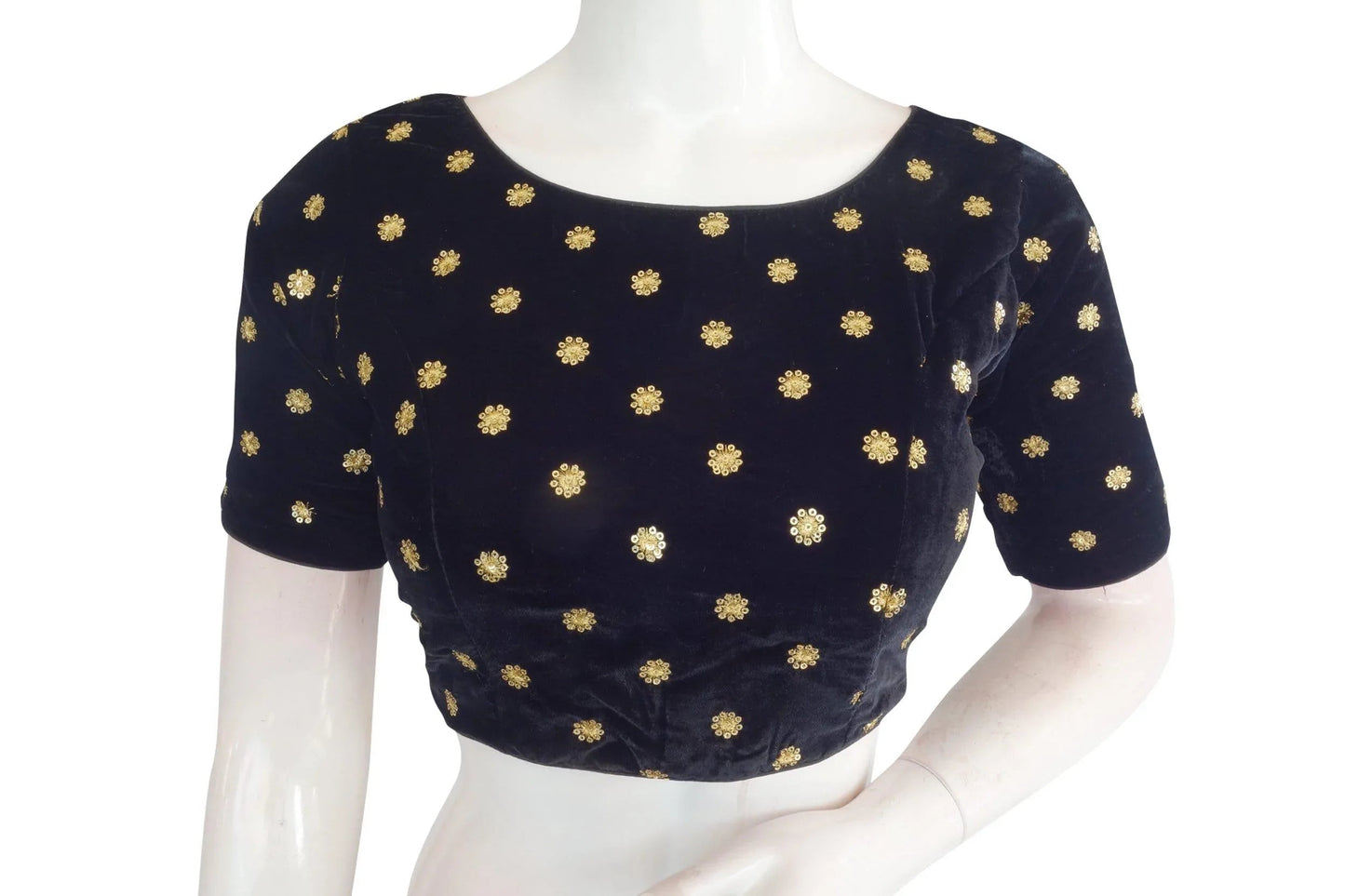 Navy Blue Color Designer Velvet Sequin Readymade Saree Blouse - D3blouses