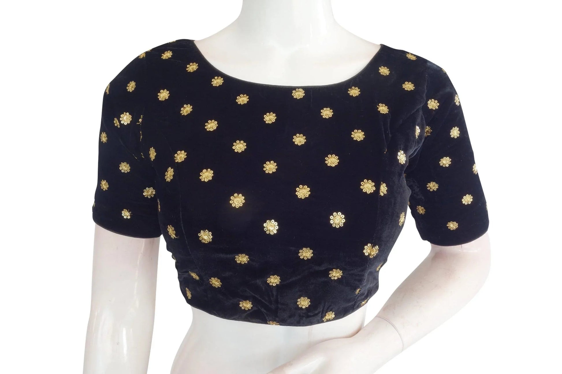 Navy Blue Color Designer Velvet Sequin Readymade Saree Blouse - D3blouses