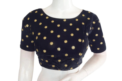 Navy Blue Color Designer Velvet Sequin Readymade Saree Blouse - D3blouses