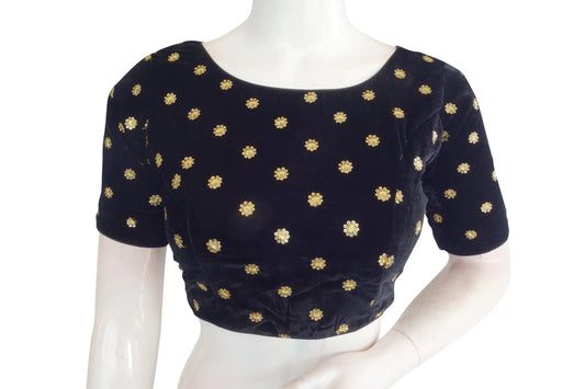 Navy Blue Color Designer Velvet Sequin Readymade Saree Blouse - D3blouses