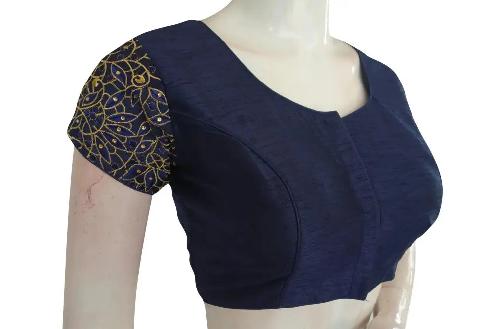 Navy Blue Color Floral Embroidery Designer Blouse - D3blouses