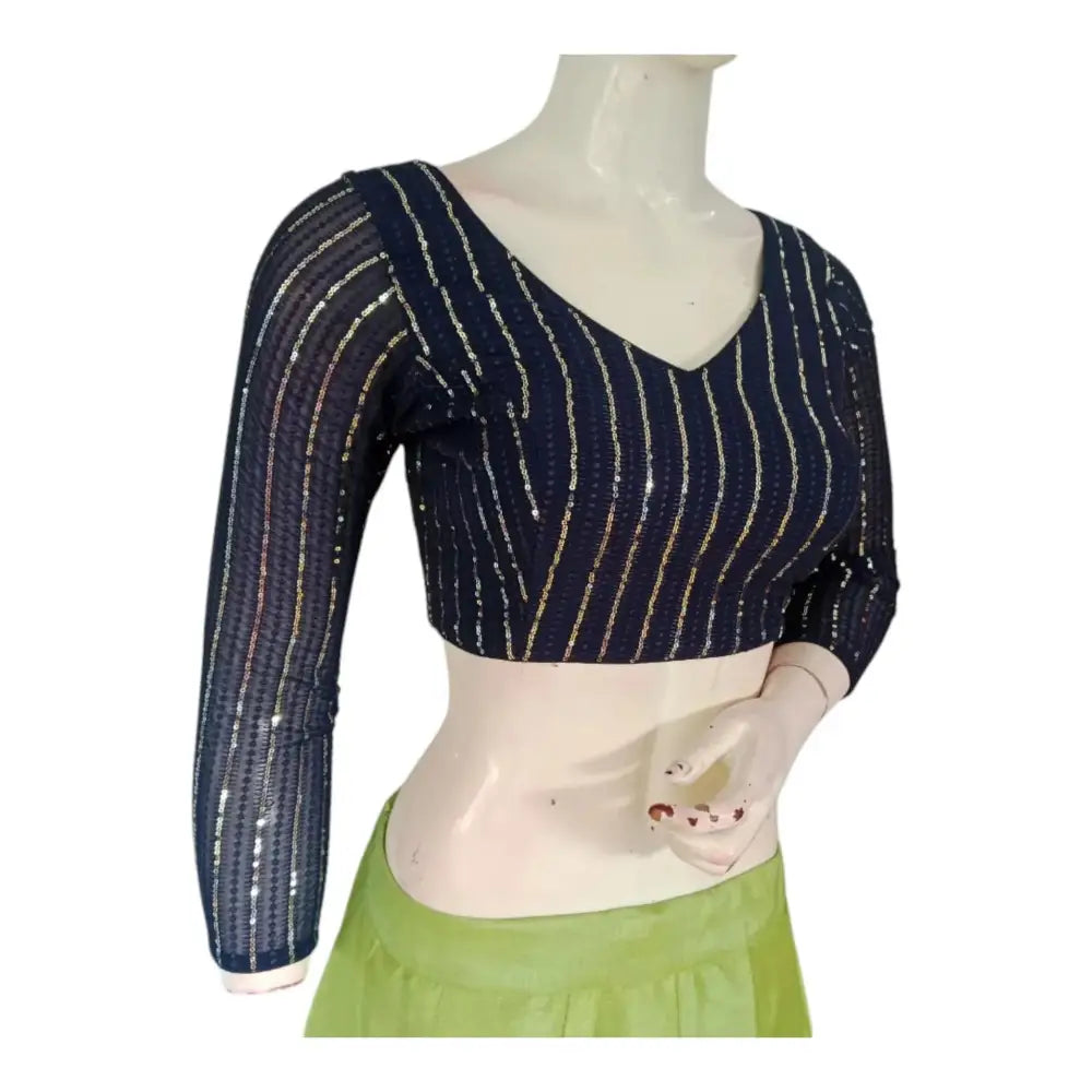 Navy Blue Color Netted Sequin Blouse - 3/4 Sleeves: Shine Bright - D3blouses