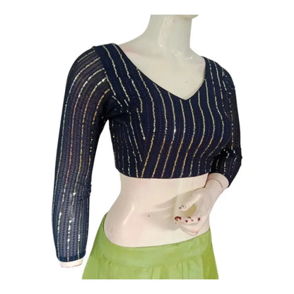 Navy Blue Color Netted Sequin Blouse - 3/4 Sleeves: Shine Bright - D3blouses