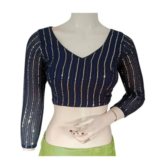 Navy Blue Color Netted Sequin Blouse - 3/4 Sleeves: Shine Bright - D3blouses