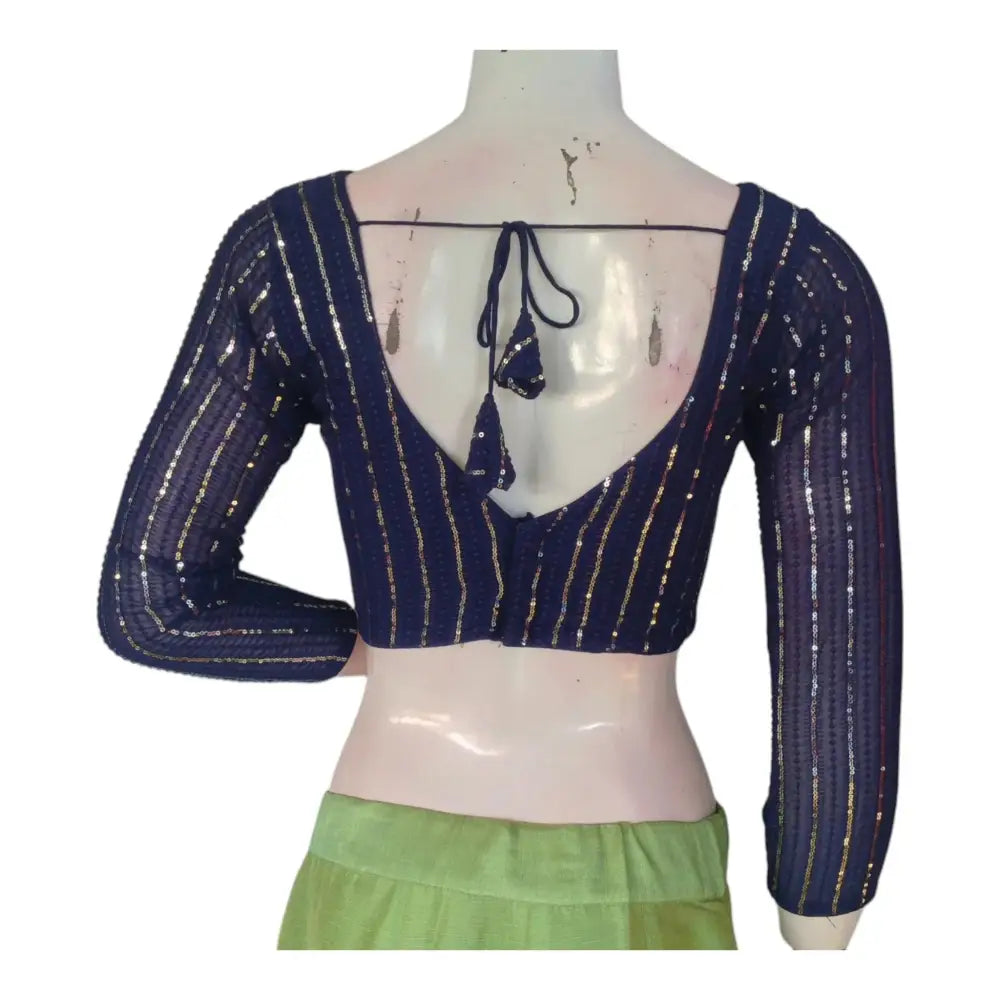 Navy Blue Color Netted Sequin Blouse - 3/4 Sleeves: Shine Bright - D3blouses