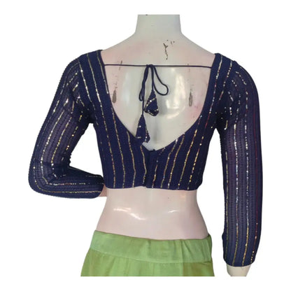 Navy Blue Color Netted Sequin Blouse - 3/4 Sleeves: Shine Bright - D3blouses