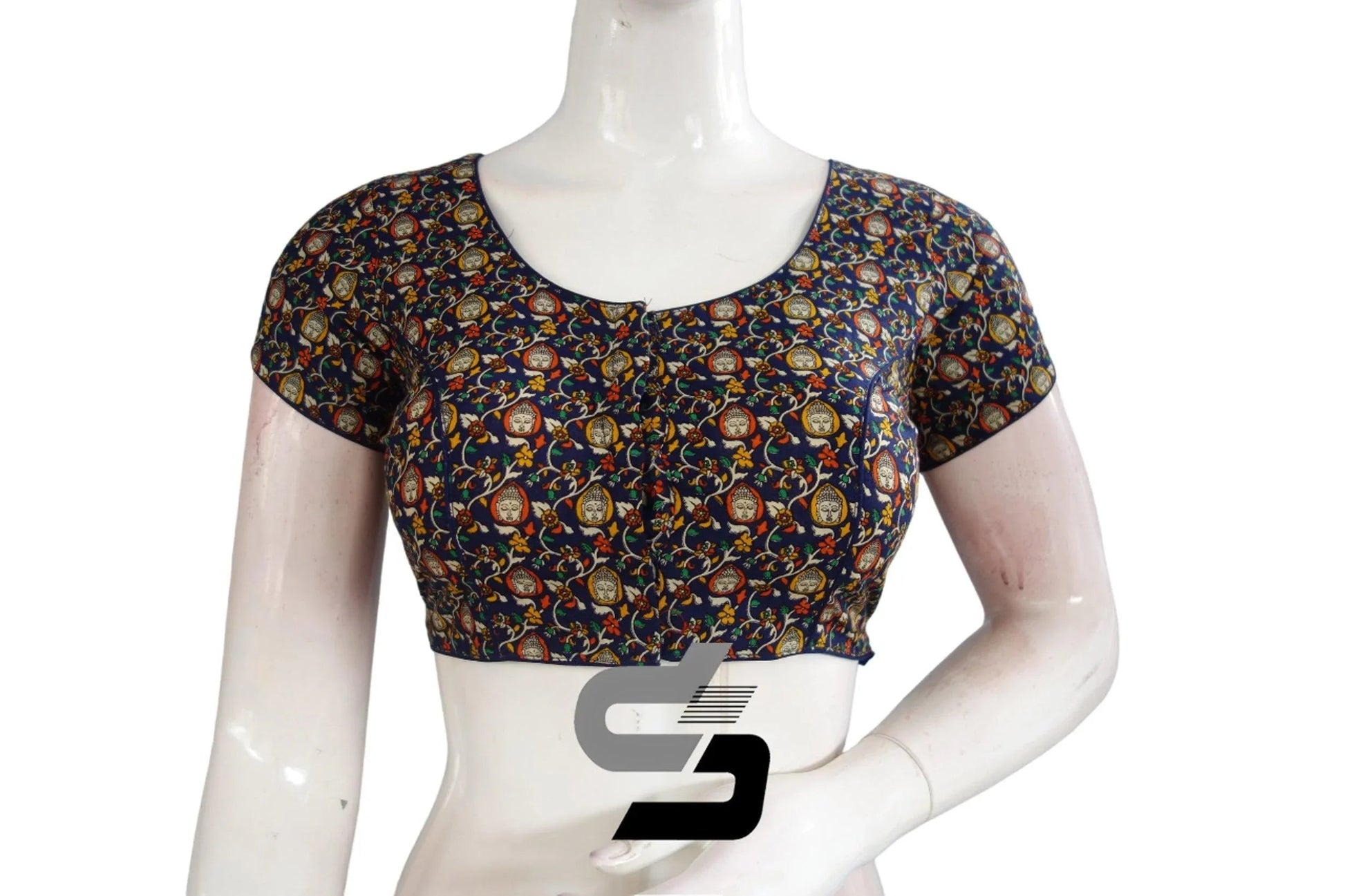 Navy Blue Color Patola Print Cotton Readymade Saree Blouse - D3blouses