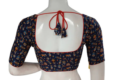 Navy Blue Color Patola Print Cotton Readymade Saree Blouse - D3blouses