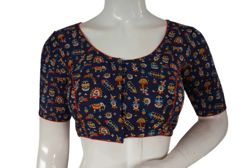 Navy Blue Color Patola Print Cotton Readymade Saree Blouse - D3blouses
