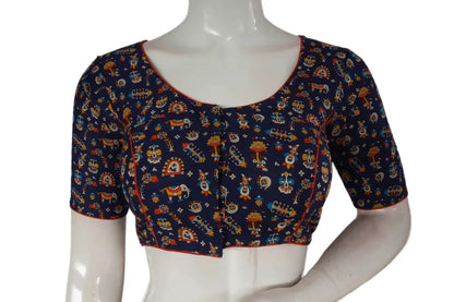 Navy Blue Color Patola Print Cotton Readymade Saree Blouse - D3blouses