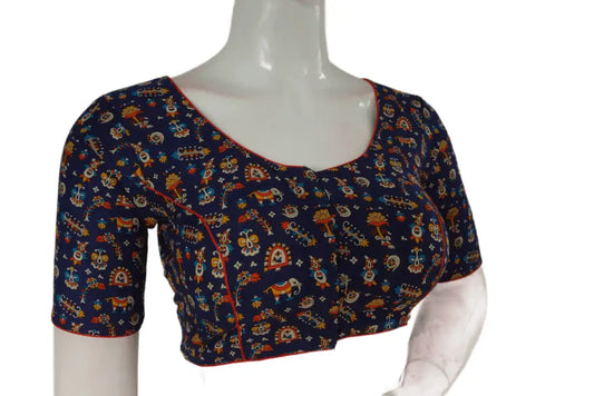 Navy Blue Color Patola Print Cotton Readymade Saree Blouse - D3blouses