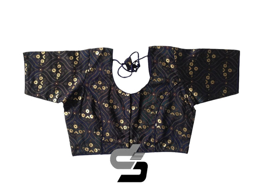 Navy Blue Color Plus Size Printed Silk Readymade Saree Blouses/ Indian Designer Blouse - D3blouses