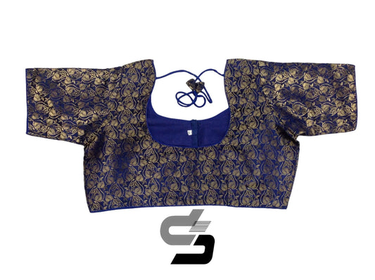 Navy Blue Color Plus Size Saree Blouses, Indian Brocade Silk Readymade Blouse - D3blouses