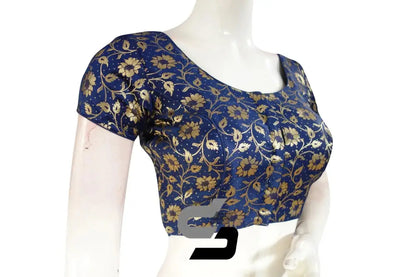 Navy Blue Color Premium Banaras Brocade Silk Readymade Saree Blouse - D3blouses