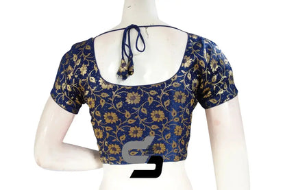 Navy Blue Color Premium Banaras Brocade Silk Readymade Saree Blouse - D3blouses