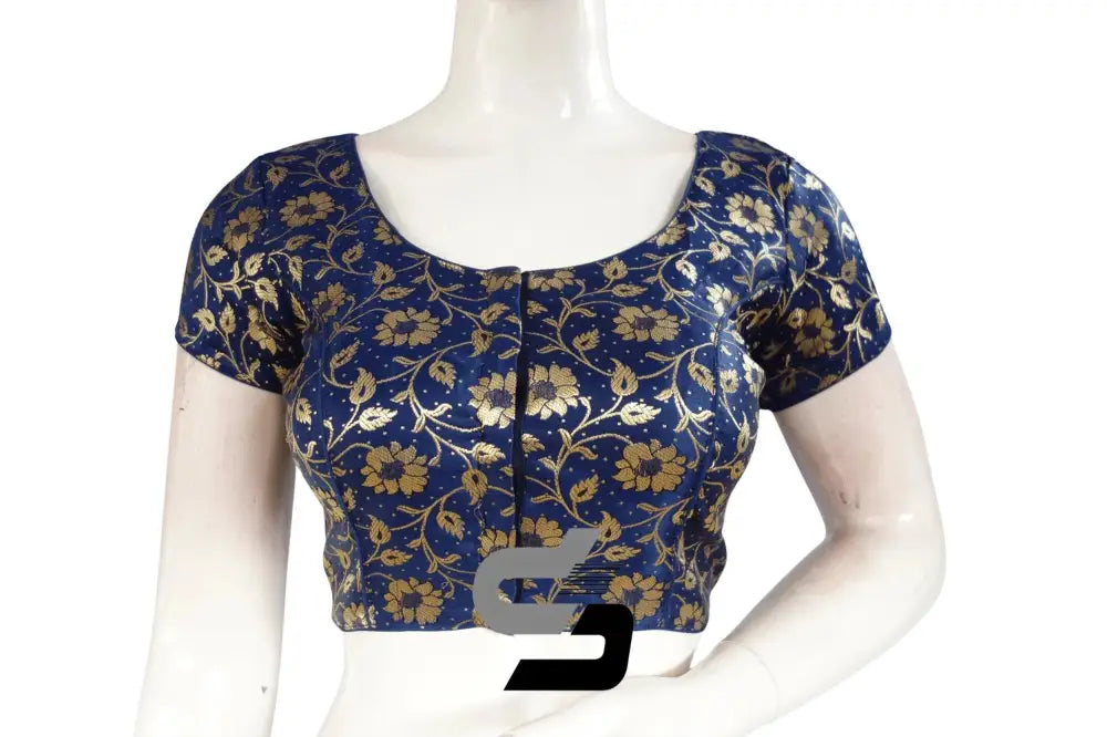 Navy Blue Color Premium Banaras Brocade Silk Readymade Saree Blouse - D3blouses