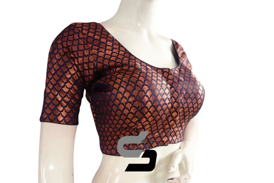 Navy Blue Color Premium Brocade Silk Readymade Saree Blouse - D3blouses