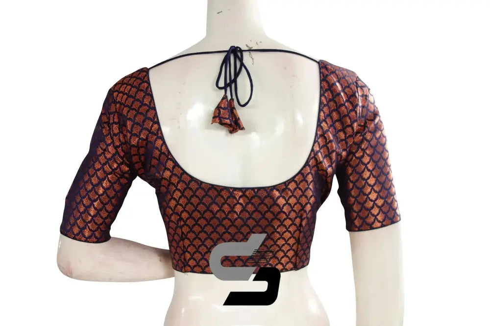 Navy Blue Color Premium Brocade Silk Readymade Saree Blouse - D3blouses
