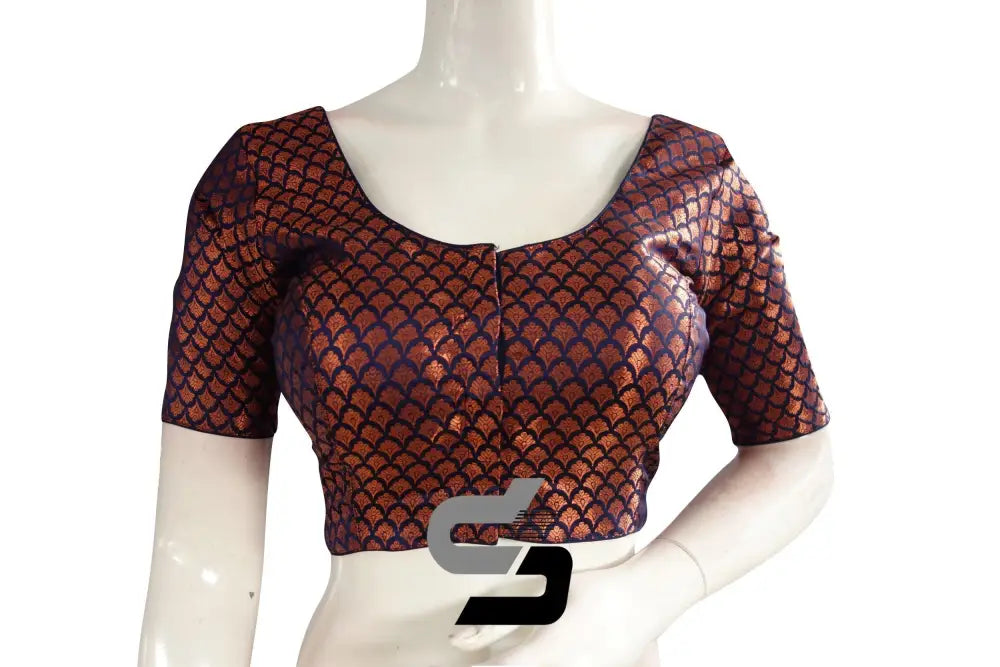 Navy Blue Color Premium Brocade Silk Readymade Saree Blouse - D3blouses