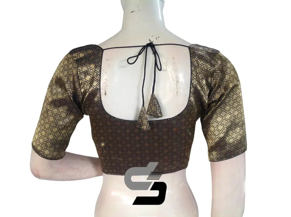 Navy Blue Color Premium Brocade Silk Readymade Saree Blouse, Indian Saree Blouse - D3blouses