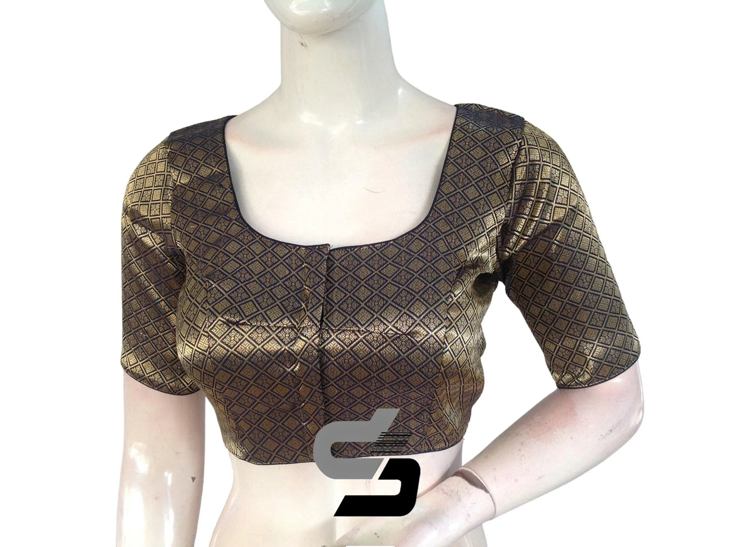 Navy Blue Color Premium Brocade Silk Readymade Saree Blouse, Indian Saree Blouse - D3blouses