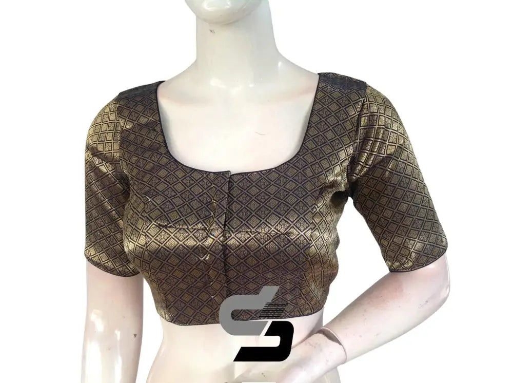 Navy Blue Color Premium Brocade Silk Readymade Saree Blouse, Indian Saree Blouse - D3blouses