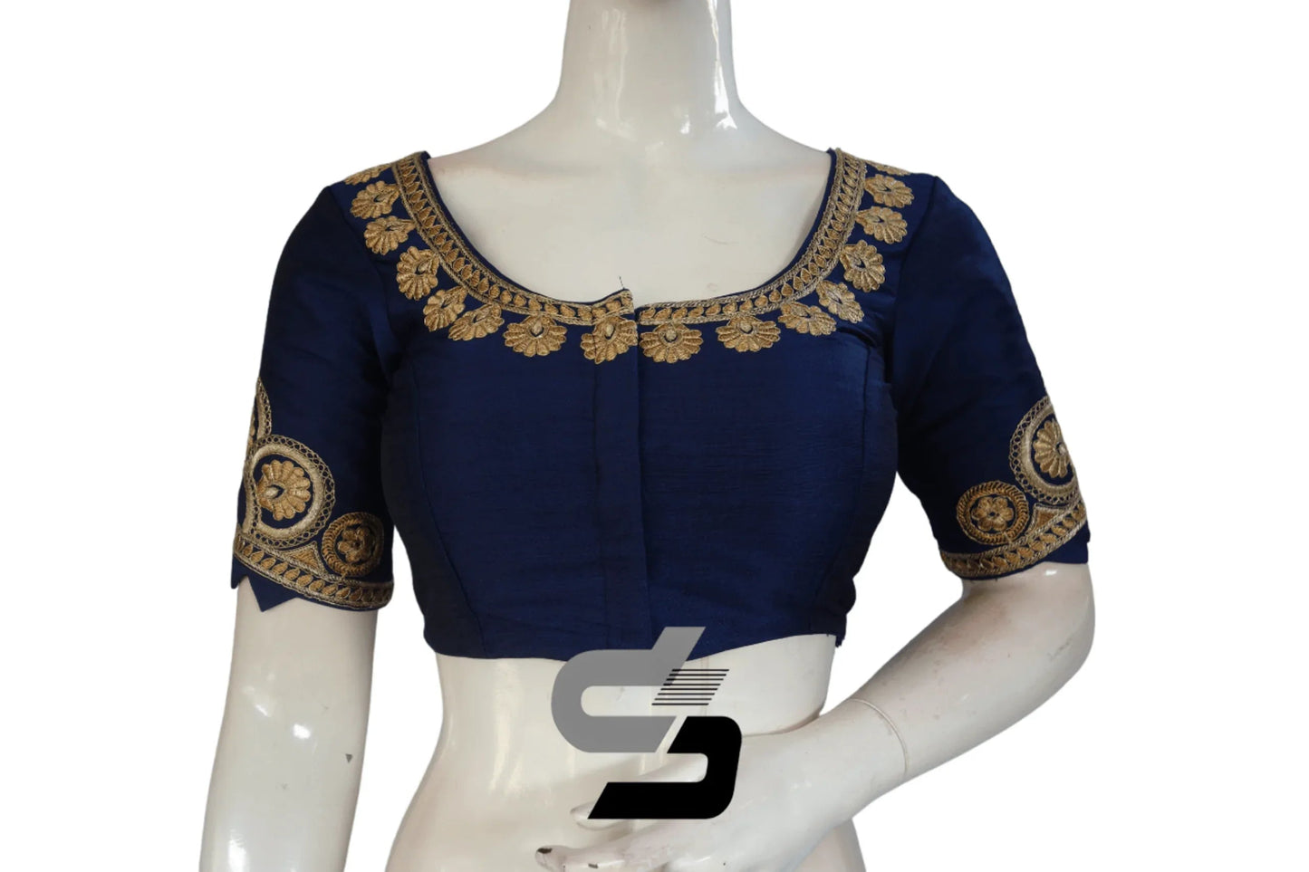 Navy Blue Color Semi Silk Designer Embroidery Readymade Saree Blouse - D3blouses