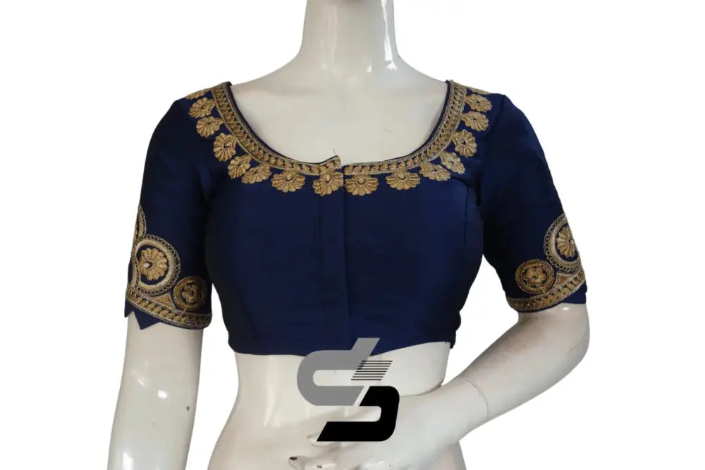 Navy Blue Color Semi Silk Designer Embroidery Readymade Saree Blouse - D3blouses