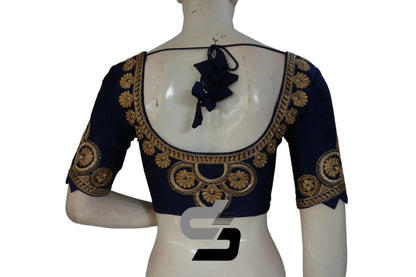 Navy Blue Color Semi Silk Designer Embroidery Readymade Saree Blouse - D3blouses
