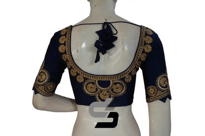 Navy Blue Color Semi Silk Designer Embroidery Readymade Saree Blouse - D3blouses