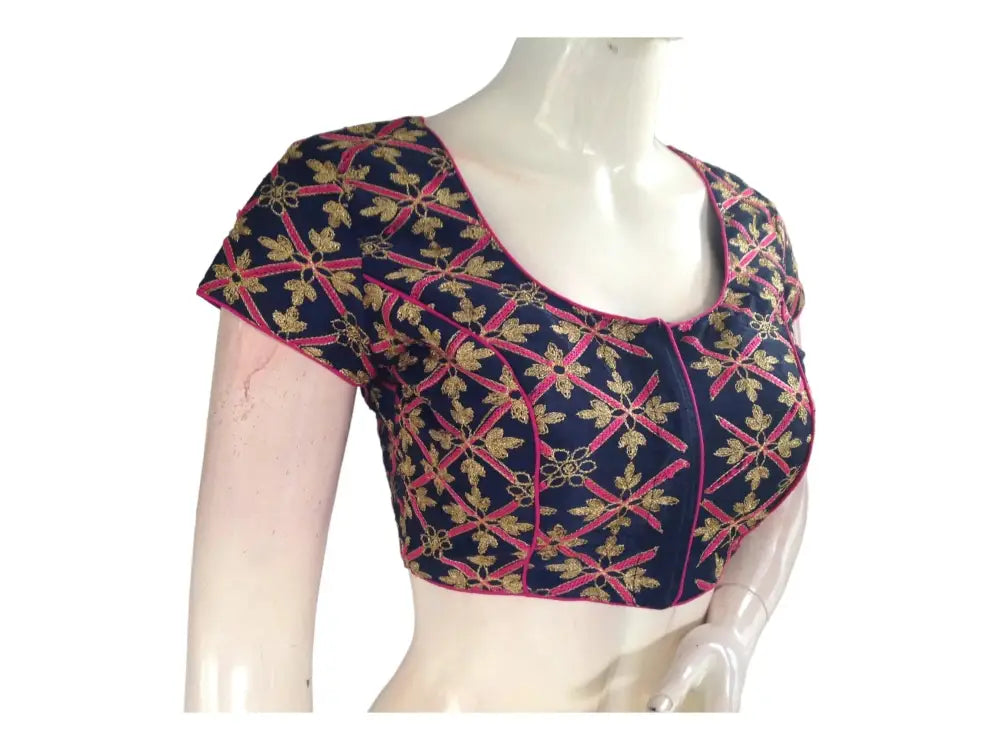 Navy Blue Color Semi Silk Designer Embroidery Readymade Saree Blouse - D3blouses