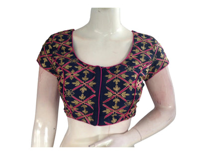Navy Blue Color Semi Silk Designer Embroidery Readymade Saree Blouse - D3blouses