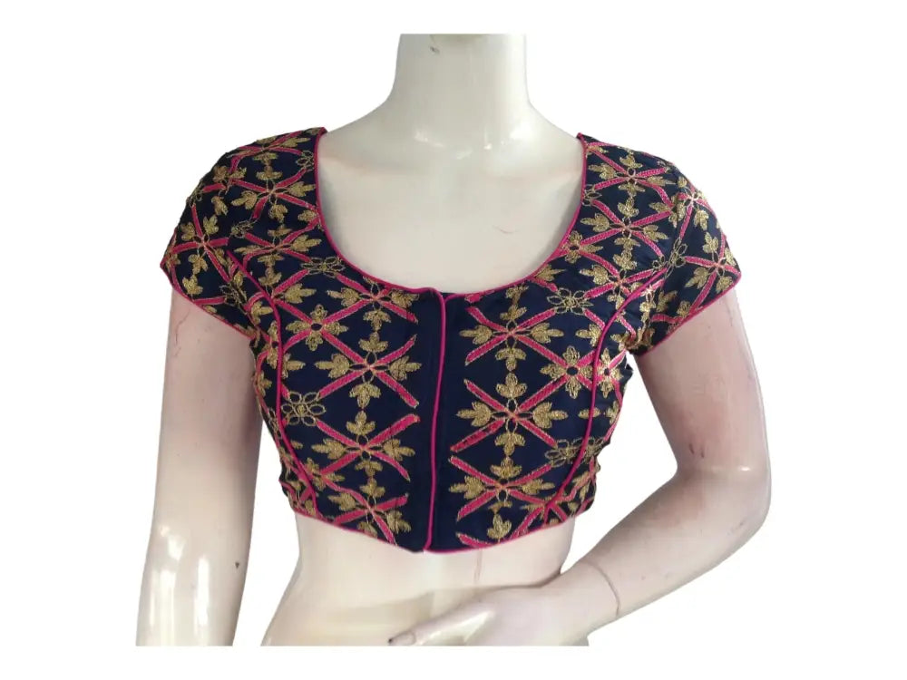 Navy Blue Color Semi Silk Designer Embroidery Readymade Saree Blouse - D3blouses