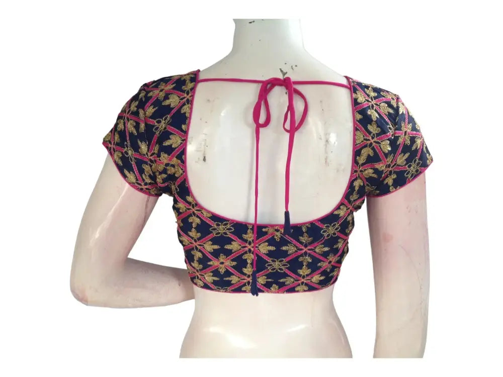 Navy Blue Color Semi Silk Designer Embroidery Readymade Saree Blouse - D3blouses