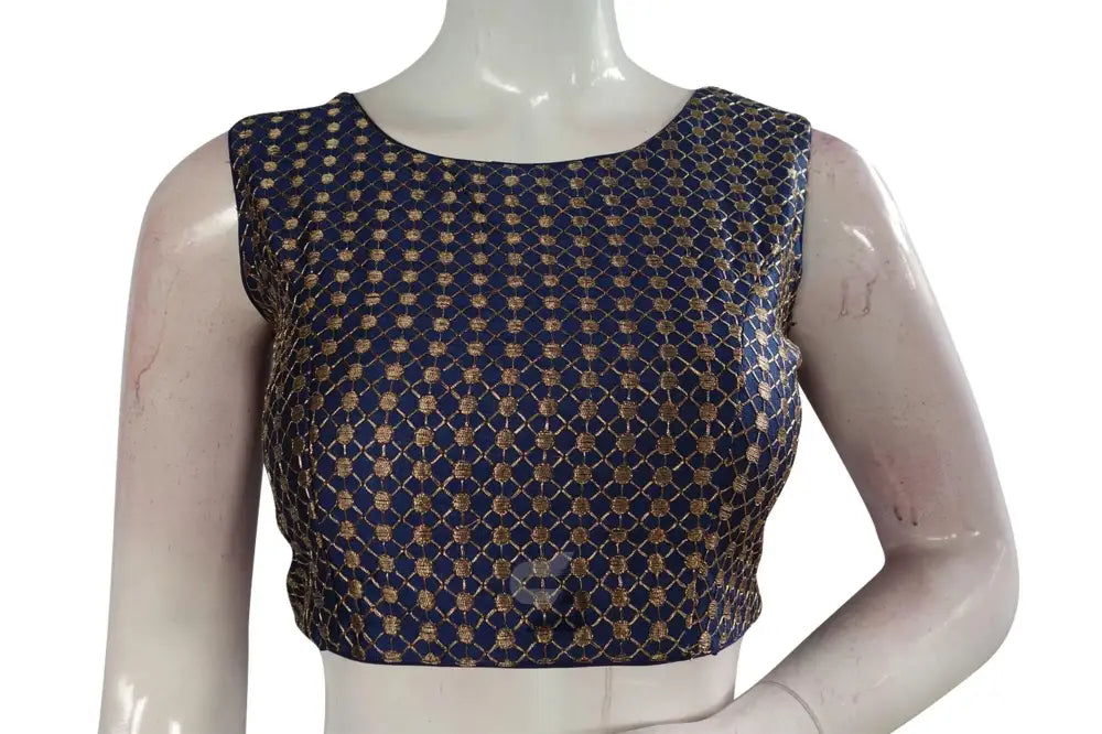 Navy Blue Color Semi Silk Embroidery Boat Neck Readymade Blouse - D3blouses