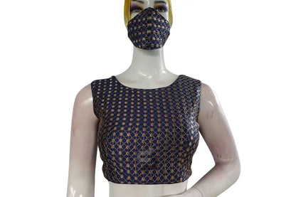 Navy Blue Color Semi Silk Embroidery Boat Neck Readymade Blouse - D3blouses