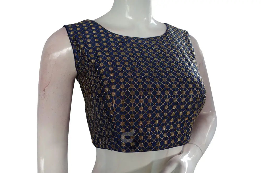Navy Blue Color Semi Silk Embroidery Boat Neck Readymade Blouse - D3blouses