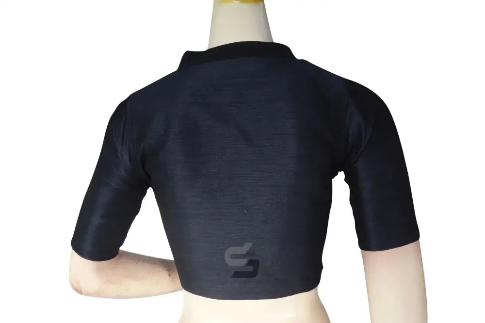 Navy Blue Color Semi Silk Plain Collar Neck Readymade Blouse - D3blouses